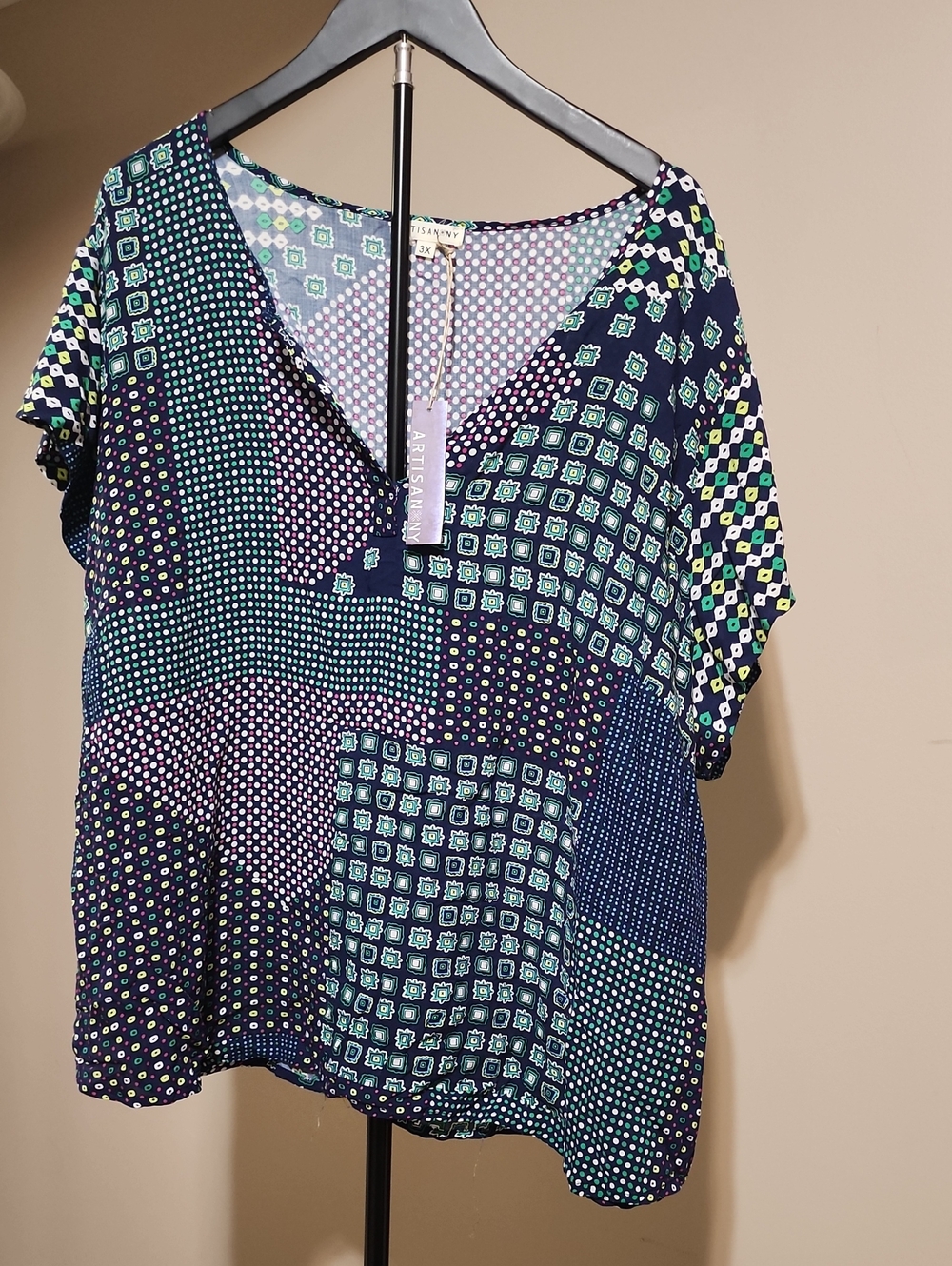 Artisan Navy Patchwork Print V-Neck Blouse with Teal Accents